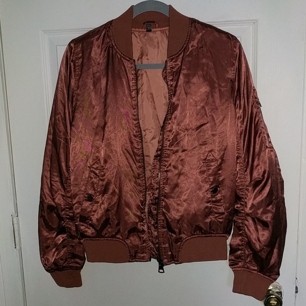 Rose Gold Satin Bomber Jacket.